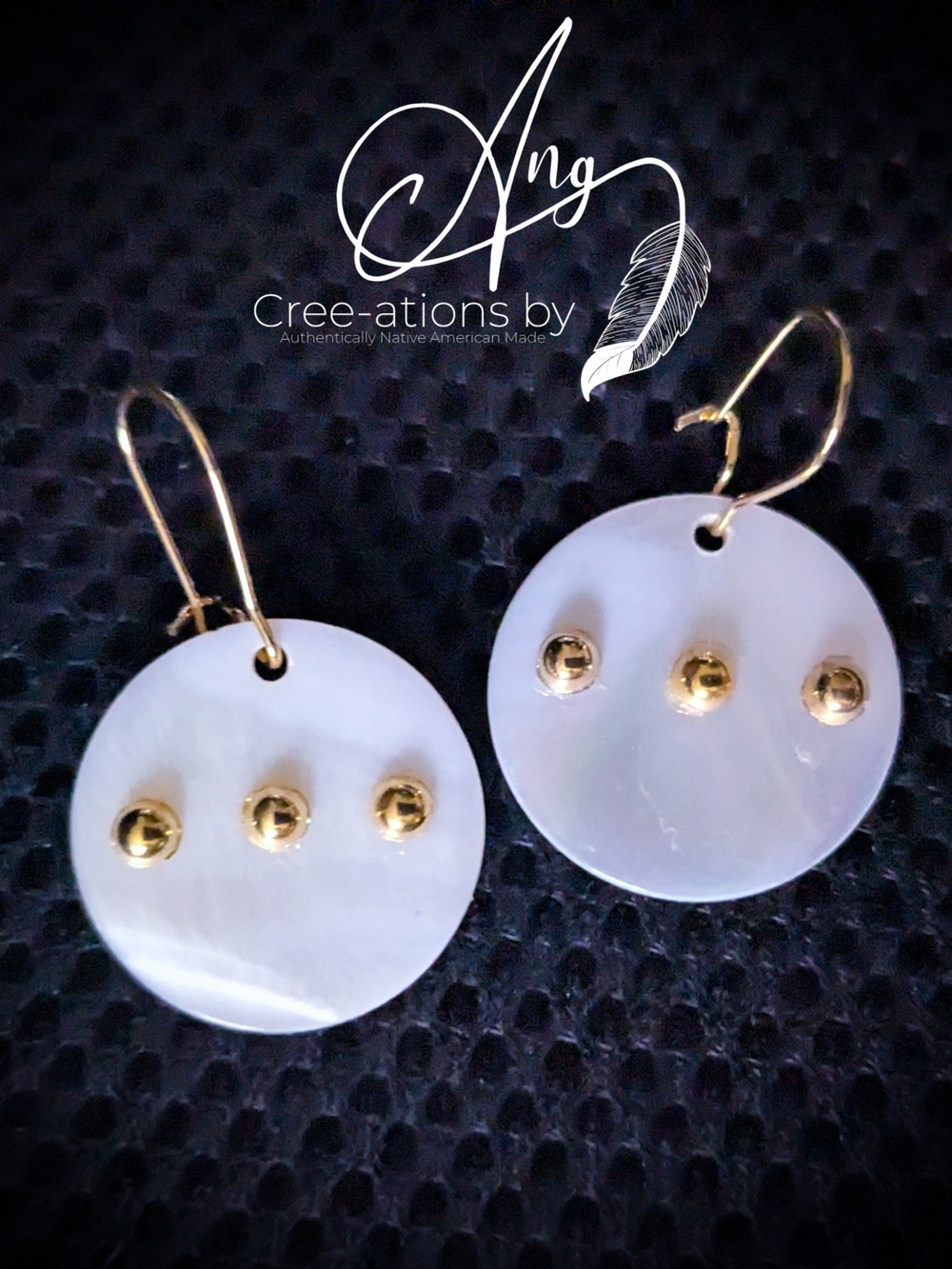 Elegant Native American White Mother of Pearl Disc Drop Earrings w/ Gold Accents
